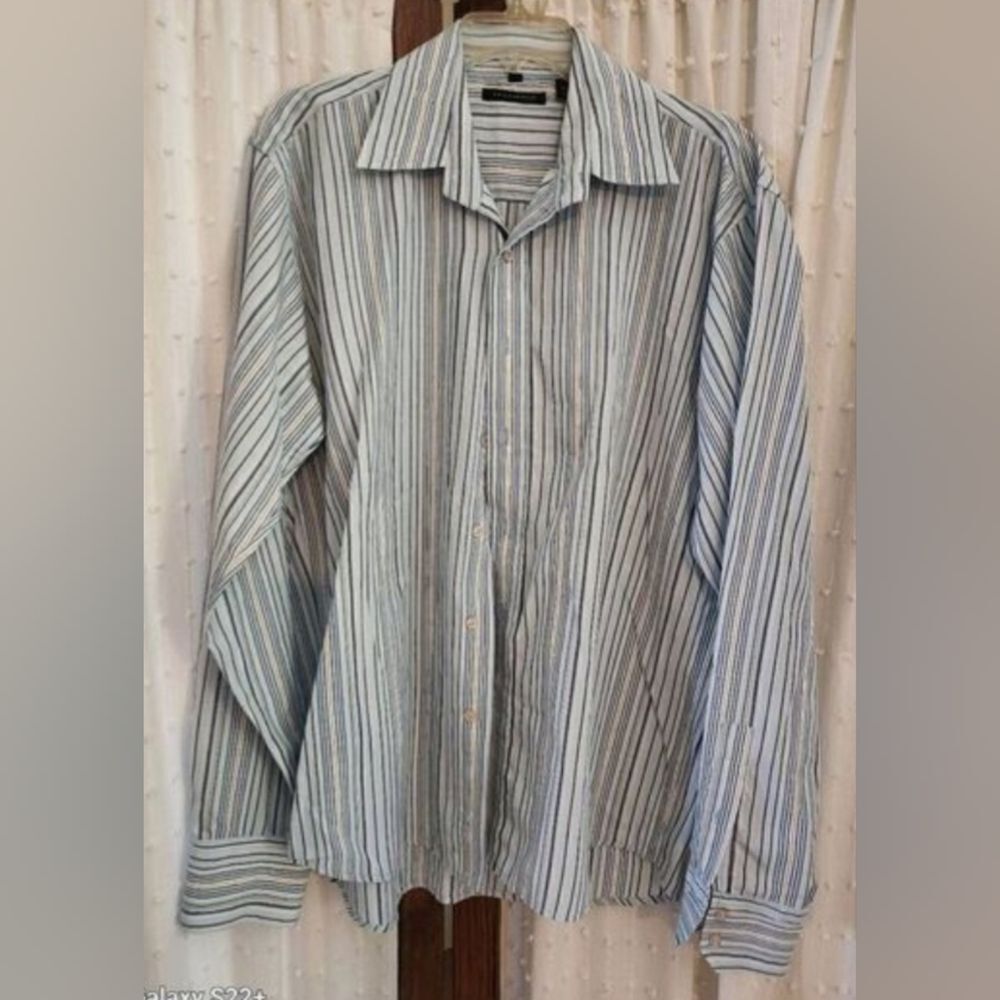 M74 INIZIO Men's Blue Stripe Button-Up Long Sleeved Dress Shirt